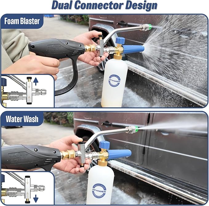 Foam Cannon Dual-Connector Accessory for Pressure Washer, Double Tip Attachment for Soap Cannon, 5 Pressure Washer Sprayer Nozzles, 1/4" Quick Connect