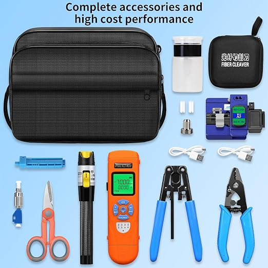 Fiber Optic Termination Tool Kit 11-in-1 Equipped Rechargeable Optical Power Meter L-C7 (-70 - +10 dBm) & VFL, Fiber Cleaver X5 and Wire Stripping Pliers, FTTH Hot melt/Cold Connection Tool Kit