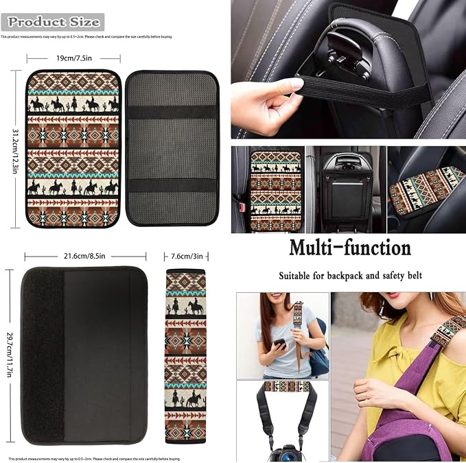 Dreaweet Aztec Car Seat Covers Full Set Western Cowboy Pattern Car Accessories for Men,Universal Steering Wheel Cover/Center Console Cover/Seatbelt Covers/Coasters/Gear Shift Cover and Handbrake Cover
