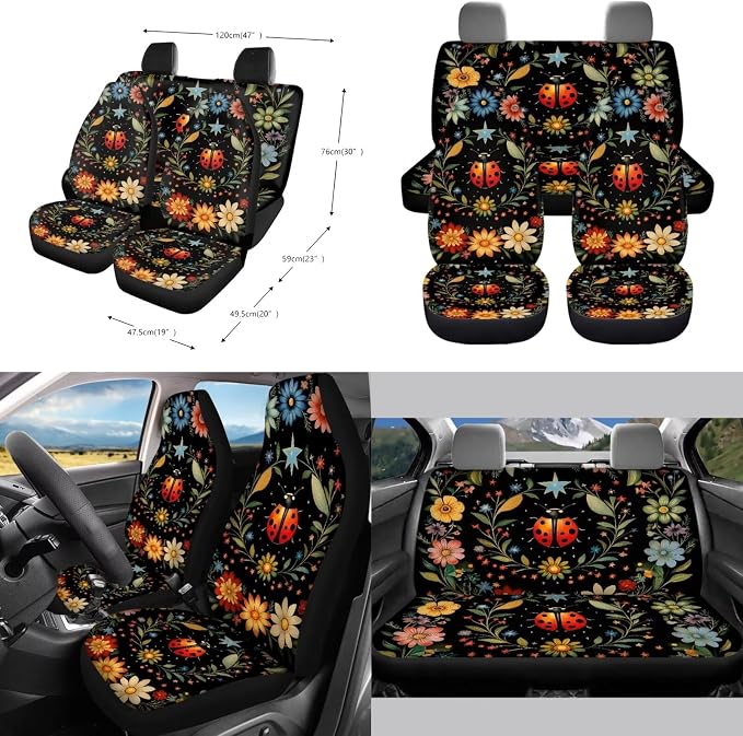 Ladybug Flower Print Car Seat Covers Full Set Car Accessories Pack of 10 Steering Wheel Cover Auto Trash Can Keychain Air Vent Pounch Bag Cup Holder Auto Decorations Interior