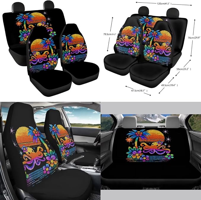 Forchrinse Hawaiian Octopus Car Seat Covers Full Set for Women Men Front Back Seat Cover Steering Wheel Cover Seatbelt Pads Handbrake Gearshift Cover Garbage Can 15Pack Auto Accessories