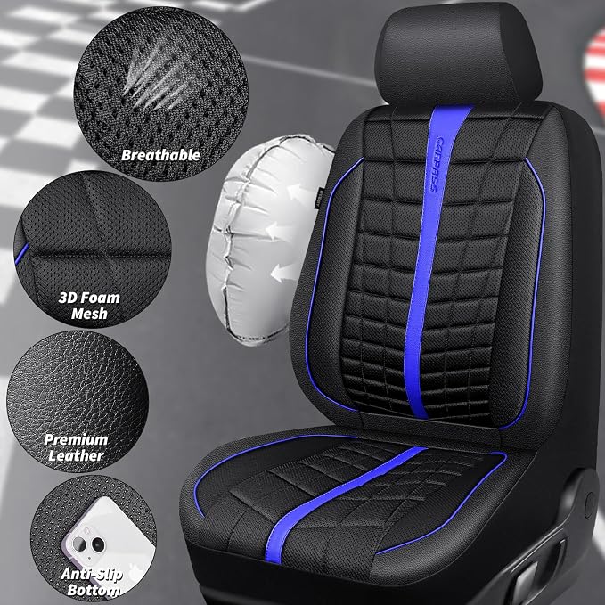 CAR PASS 3D Foam Mesh Black Blue Leather Car Seat Covers Full Set,Breathable Premium Leather Seat Covers for Car,Anti Slip Universal Fit for Trucks Cars Sedans Vans SUVs,Airbag Compatible,Black Blue