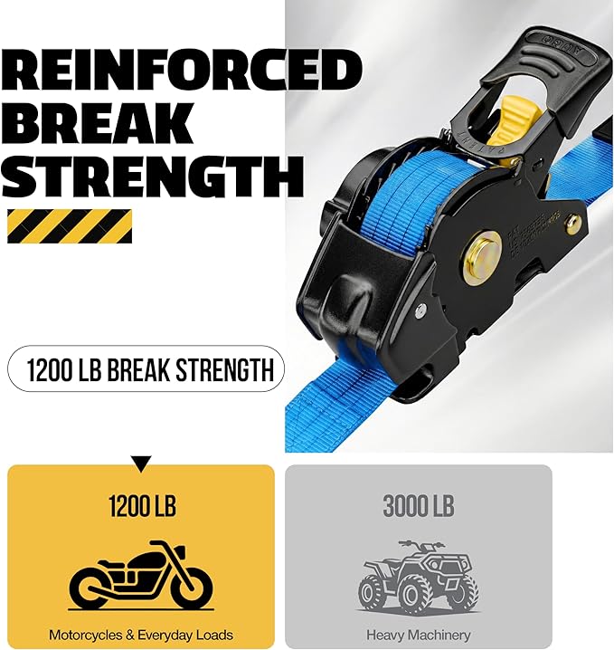 AUGO Retractable Ratchet Straps | 2 Heavy Duty Ratchet Straps Self Retractable Tie Downs with Soft Loops & Storage Bag for Motorcycle, Truck, Trailer, Cargo Van | 1200 Lb Break Strength 1” x 10’