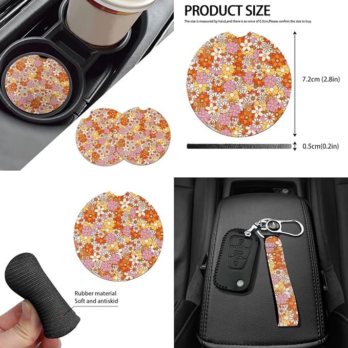 Cottagecore Car Accessory Abstract Hippie Flower Car Seat Covers Elastic Auto Steering Wheel Cover+Non Slip Coaster+Gear Shift Knob & Handbreak Cushion +Mirror Cover for Most Vehicle