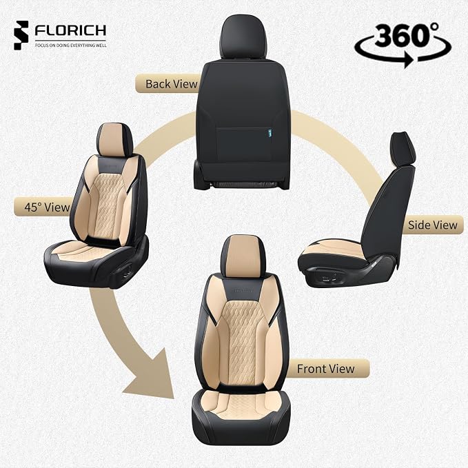 FLORICH Seat Covers, Car Seat Covers Front Seats, Luxury Nappa Leather Seat Covers, Breathable and Waterproof Car Seat Protector 2 Seat, Automotive Seat Covers Universal for Most Cars-Black&Beige