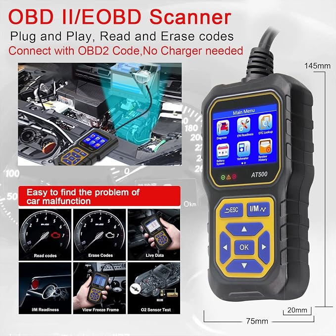 Car OBD2 Scanner Code Reader Engine Fault Code Reader iKiKin AT500 Professional Reader Scanner Diagnostic Tool Check Engine Light Scan Tool for OBD II Protocol Cars Since 1996