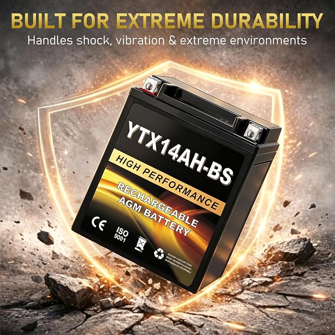 YTX14AH-BS 12V 12Ah AGM Sealed Motorcycle Battery, Maintenance-Free, Compatible with Polaris Sportsman 570, Trail Blazer 250, Ranger 400 500, Suzuki King Quad 300, QuadRunner 250