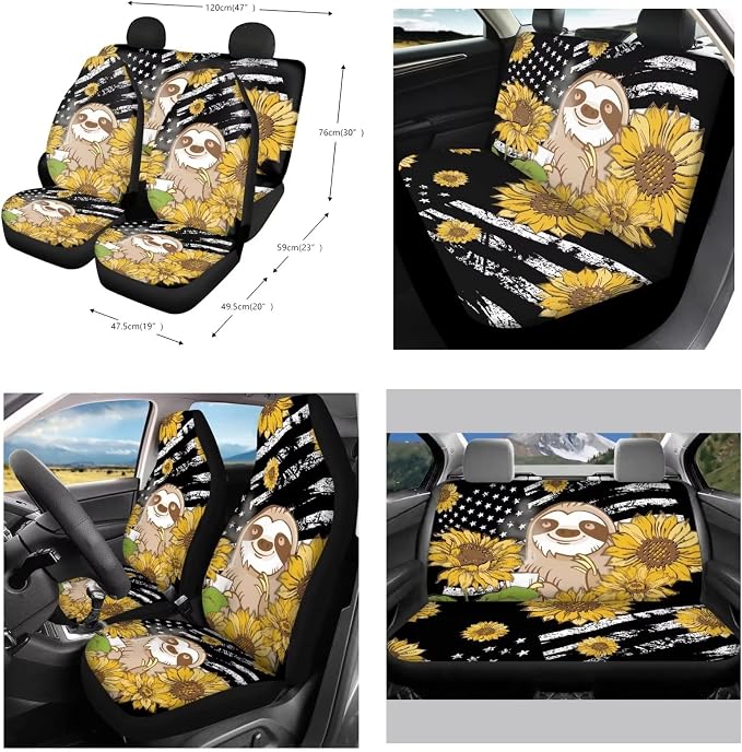 Suobstales Sloth Sunflower Car Accessories for Women Men American Flag Print Car Seat Cover Protector with Steering Wheel Cover,Seat Belt Shoulder Strap Pad, Coasters, Keychains for Car SUV Truck