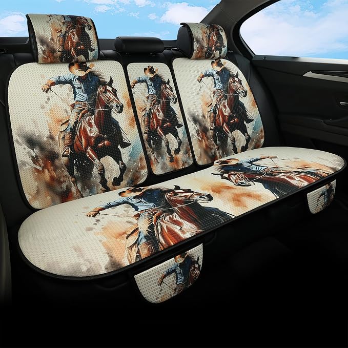 Luxury Boho Car Seat Covers Set,5-Seat Full Set with Headrest,Cowhide cowboy Ranch Western Vintage Bohemian Pattern Honeycomb Knit Fabric,Breathable&All-Season Universal Automotive Seat Protectors