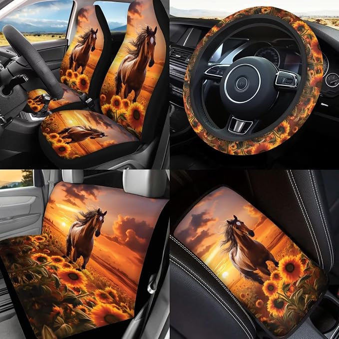 17 Pieces Horse Car Seat Covers Full Sets with Front and Split Rear Bench,Sunflower Car Accessories for Women Man,Automotive Interior with Auto Trash Bag Headrest Covers,Universal Fit