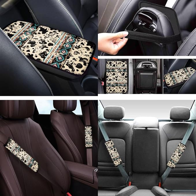 Cow Print Aztec Car Seat Covers Sets 12 Pieces Center Console Cover Car Steering Wheel Cover Seat Belt Pads Car Interior Accessories Universal Fit for Cars SUV