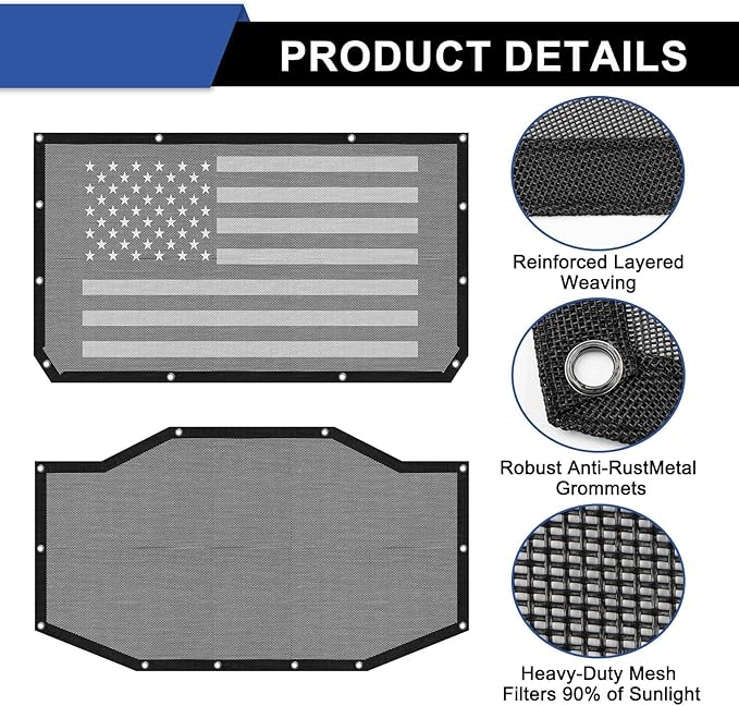 Sunshade for Jeep Wrangler JL JLU 4 Door 2018-2023 Mesh Top Cover Sunroof Screen Bikini Soft Shade with UV Blocker, American Flag, Front & Rear (2 Pcs)