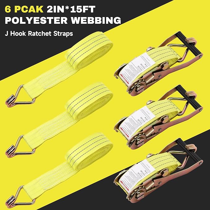 6 Pack 2" x15' Ratchet Strap Tie Down 4500LB J Hook, (Pack of 6) Heavy Duty Tie-Down Ratcheting Cargo Truck Straps Wire Hook Ends, J-Hook Ratchet Strap Tie-Downs