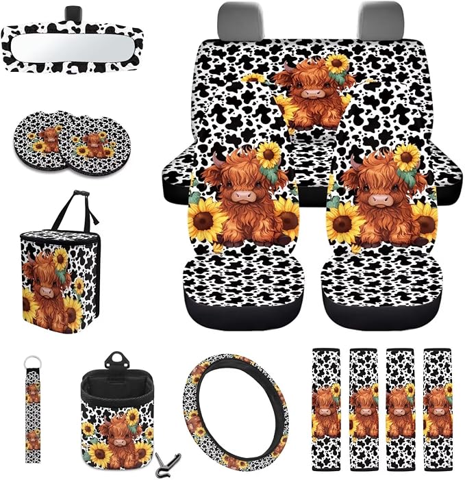 Highland Cattle Cow Sunflower Print 15pcs Car Accessories, Full Set Seat Covers, Streering Wheel Cover, Trash Bin, Seat Belt Pad, Keychain, Air Vent Bag, Coasters, for Most Van SUV Sedan