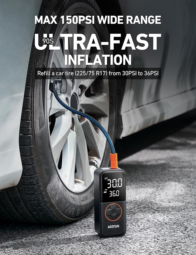 AstroAI Tire Inflator Portable Air Compressor, 150PSI Portable Air Pump for Car Tires with Pressure Gauge LED Light, Electric Air Pump Quick Inflation for Cars, Motorcycles, Bikes, Tires, Balls