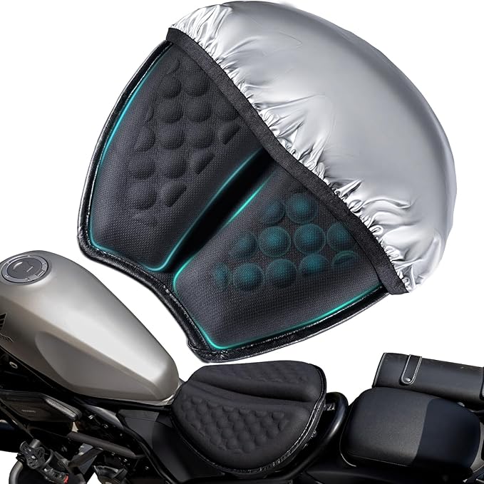 Foldable Motorcycle Gel Seat Cushion with Sunshade Cover – 3D Dome-Shaped Shock Absorption Seat Pad, Comfort & Butt Protection for Long Rides, Stay Cool & Comfortable
