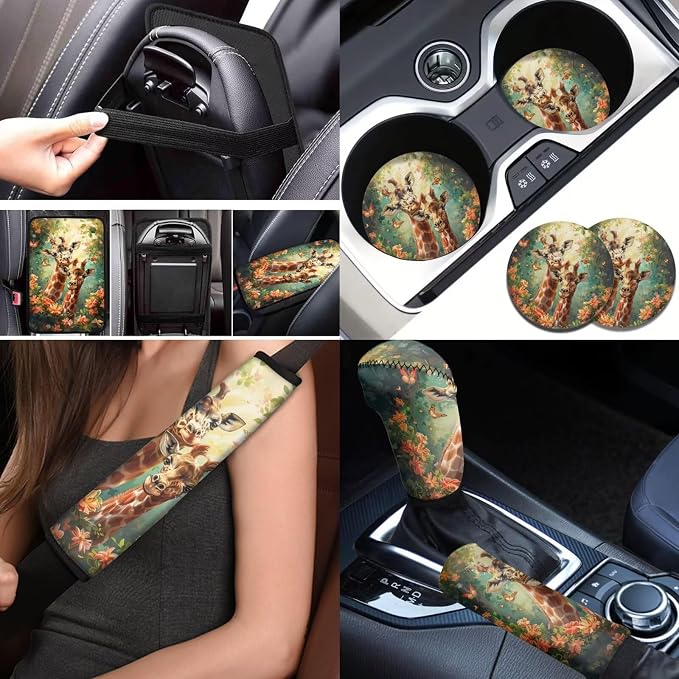 BIGCARJOB Animal Giraffe Car Seat Cover Sets 12 Pcs Auto Interior Accessories Funny Giraffe Print Seat Belt Cover,Armrest Seat Box Cover Cushion,Cup Mats,Universal Car Seat Protector Sets
