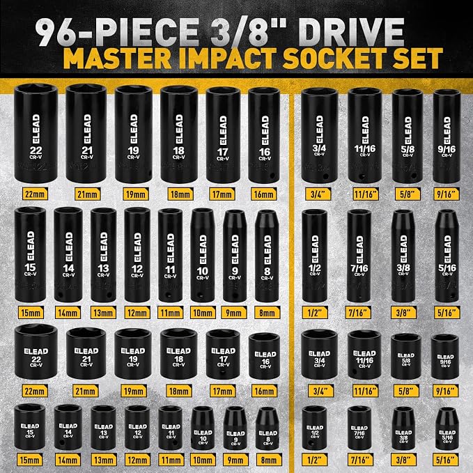 96-Piece 3/8" Drive Impact Socket Set, SAE(5/16 to 3/4-Inch) & Metric(8-22mm), Standard & Deep Sockets, Ratchet Handle, Bit Set, Universal Joint, Extension Bar, Adapters, Spark Plug Sockets