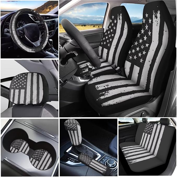 KEIAHUAN Patriotic American Flag Print Car Seat Covers with Steering Wheel, Gear Shift, Handbrake, Cup Holder, and Headrest Covers Auto Accessories Set Fit Most Van Sedan Truck SUV