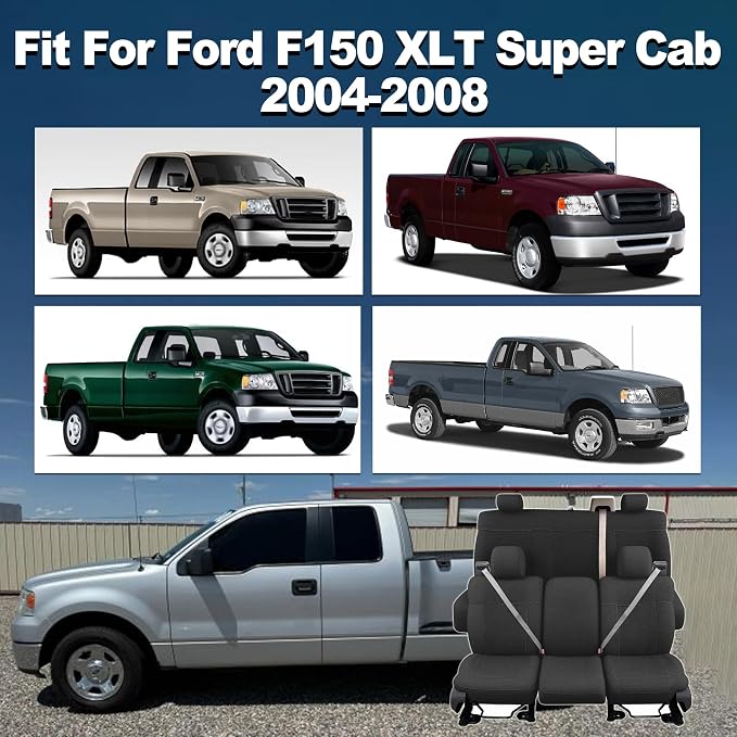 Custom Bench Seat Covers for Ford F150 XLT Super Cab 2004 2005 2006 2007 2008 Heavy Duty Cloth Protector Interior Accessories，Waterproof & Machine Washable - Black (Front & Rear)