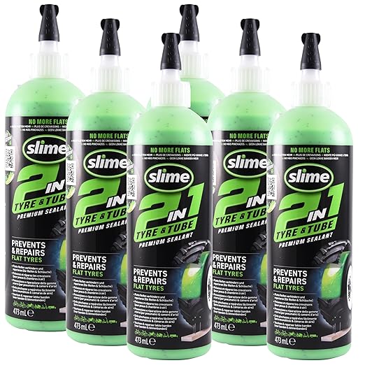 Slime 10193-6PK 2-in-1 Tire and Tube Sealant Puncture Repair Sealant, Premium, Prevent and Repair, Suitable for Non-Highway Tires and Tubes, Non-Toxic, Eco-Friendly, 6 x 16oz Bottles