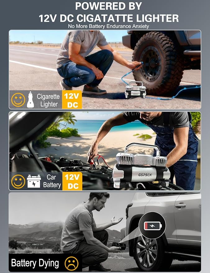 GSPSCN Digital Tire Inflator 12V Heavy Duty Metal Portable Air Compressor | 6X Faster Inflation Auto Shut-off Dual Cylinder Air Pump 150PSI LED Light w/Pencil Pressure Gauge for Car,Pickup,SUV,RV,Balls