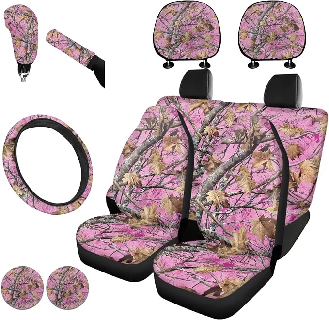 KEIAHUAN Car Seat Covers Set for Women Men Camo Hunting Design Includes Gear Shift Cover&Handbrake Cover+Stretchy Steering Wheel Cover+Small Cup Coasters+Car Headrest Covers Auto Interior Accessories