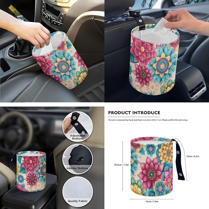 Boho Blossoms 15 PCS Car Seat Cover Set with Auto Steering Wheel Cover Seat Belt Strap Protector Cup Holder Trash Bag Rear View Mirror Protector Keychain