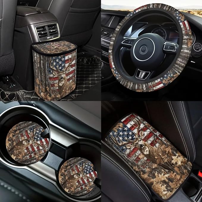 American Flag Reindeer Car Seat Covers Full Set 18 Pieces American Flag Car Interior Accessories Set Steering with Universal Fit Wheel Cover Maple Leaf Print Car Headrest Covers Keychain
