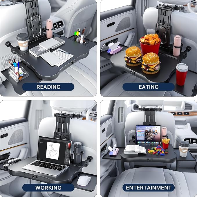Car Back Seat Tray Table-Stable Auto Backseat Food Trays Desk for Rear Passenger Road Trip Eating & Work, Multifunctional Adjustable Travel Tray with Phone Drink Holder for Laptop iPad