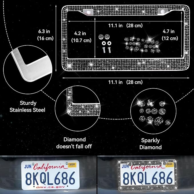 CAR PASS 30 PCS Bling Car Accessories Set for Women, Bling Steering Wheel Covers 15 Inch, Shining Rhinestone License Plate Frame, Sparkly Diamond Phone Holder, Car Mats Full Set, Black
