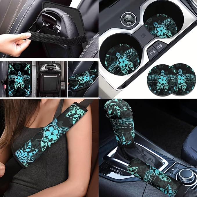 BIGCARJOB Sea Turtle Tribal Car Seat Cover Sets 12 Pcs Auto Interior Accessories Seat Belt Cover,Armrest Seat Box Cover Cushion,Cup Mats,Universal Car Seat Protector Sets