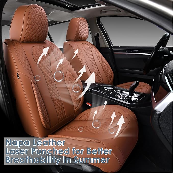 Car Seat Covers Full Set, 2-Seater Waterproof and Breathable Nappa Leather, Fit for Front Seats of Cars, Compatible with Airbags, Car Seat Protector Covers for Most Cars - All Brown