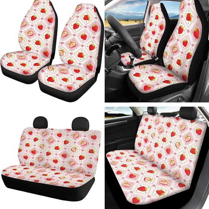Strawberry Print 18Pcs Car Seat Cover Full Set for Women Cute Front and Back Car Seat Covers with Headrest Covers Steering Wheel Cover Seatbelt Pads Center Console Pad Cup Coasters