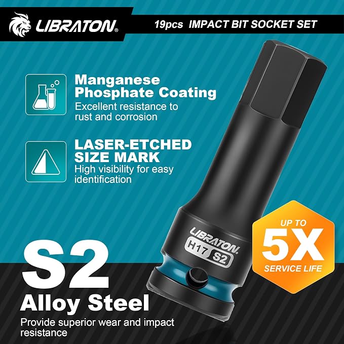 LIBRATON Impact HEX & TORX Bit Socket Set, 1/2" Dr, S2 Steel, 19PCS High Torque Sockets (H5-H19 + T30-T80) for Professional Mechanics & Automotive Repair (XPE Storage Cases)