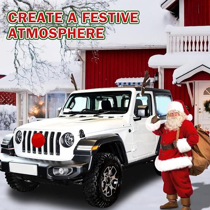 Car Reindeer Antlers & Nose Decorations - Premium Xmas Rudolph Antlers Kit with Red Nose, Tail, and Ears - Cute Auto Holiday Accessories for SUV, Van, Truck Roof Top Christmas Decorations