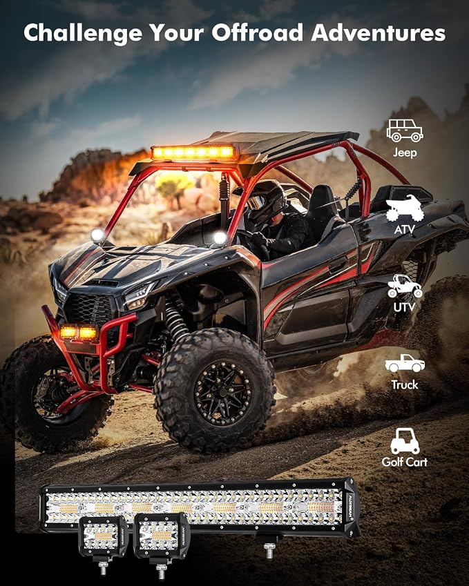 Auxbeam 4-Inch LED Pods with 20-Inch LED Light Bar Offroad Combo Set 3-Pack | 6 lighting modes series, Amber white dual color, Strobe fog lights, Flash/warning/signal, Spot flood combo beam