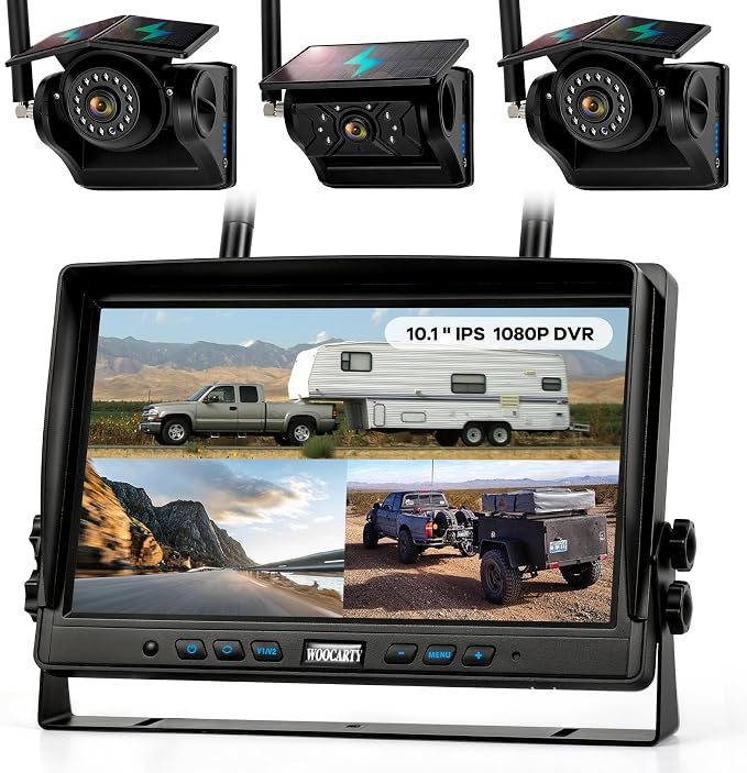 3 Solar Magnetic Wireless Trailer Camera System, 10.1" IPS DVR Screen + Solar Powered Night Vision Rear Camera, 100% No Wiring Waterproof Backup Camera System for RV Truck Trailer Hitch, BT3