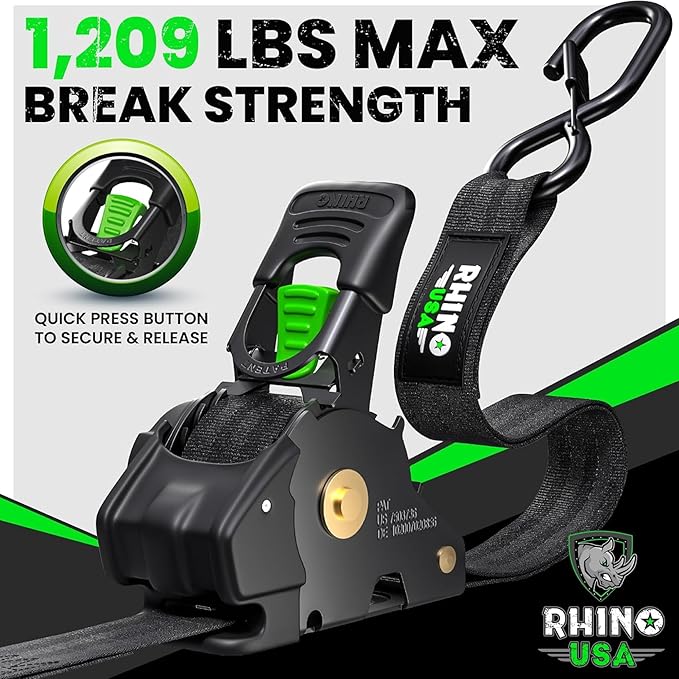 Rhino USA Retractable Ratchet Straps (2-Pack) - 1 Inch x 10 Feet (1,209lb Break Strength) - Auto Self Retracting Tie Down Straps for Truck, Cargo Trailer, Motorcycle, ATV, UTV - Black