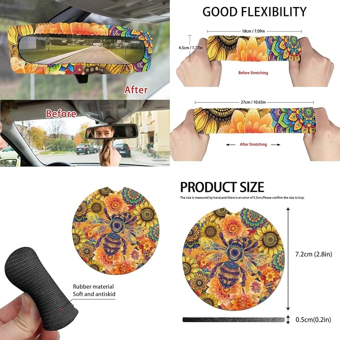 Boho Floral Bee Auto Interior Accessories Car Seat Covers with Auto Steering Wheel Cover Seat Belt Covers Car Trash Can View Mirror Cover Coaster Keychains