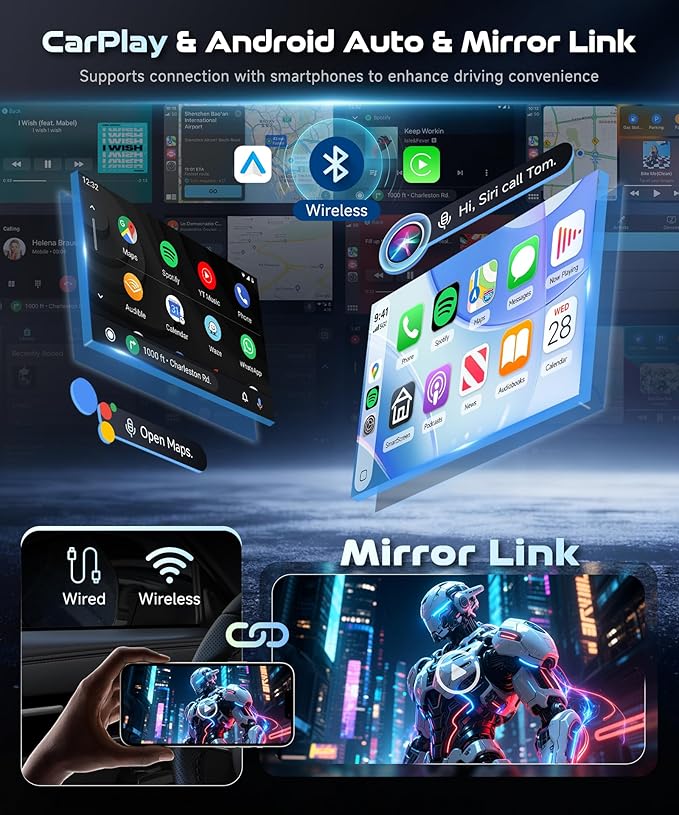 Android 15/4+64G Car Radio Double Din Car Radio with Wireless Carplay&Android Auto,7 inch 1280*720P IPS TouchScreen Car Audio Receivers with WiFi GPS EQ BT5.0 FM/RDS Radio Mirror Link AHD Rear Camera