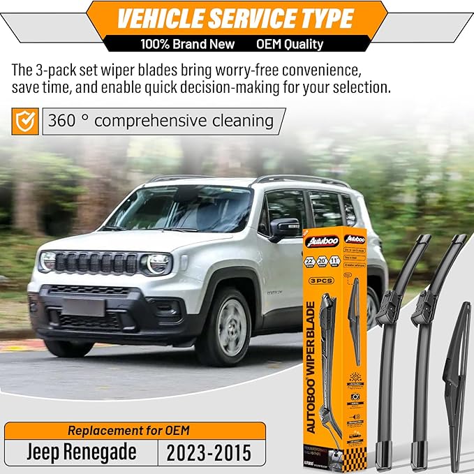 AUTOBOO 22"+20" Windshield Wipers with 11" Rear Wiper Blade Replacement for Jeep Renegade 2015 2016 2017 2018 2019 2020 2021 2022 2023-Original Factory Quality (Pack of 3)