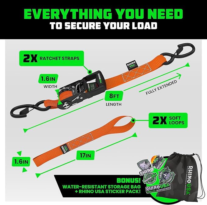RHINO USA Ratchet Straps Tie Down Kit, 5,000 Break Strength - Includes Heavy Duty Rachet Tiedowns with Padded Handles & Coated Chromoly S Hooks + Soft Loop Tie-Downs
