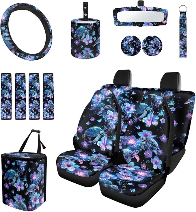 15 Pcs Plumeria Sea Turtle Car Seat Covers Full Set for Women Cute Car Accessories Interior Car Steering Wheel Cover Seatbelt Covers Trash Bin Rear View Mirror Cover Cup Holders Keychain