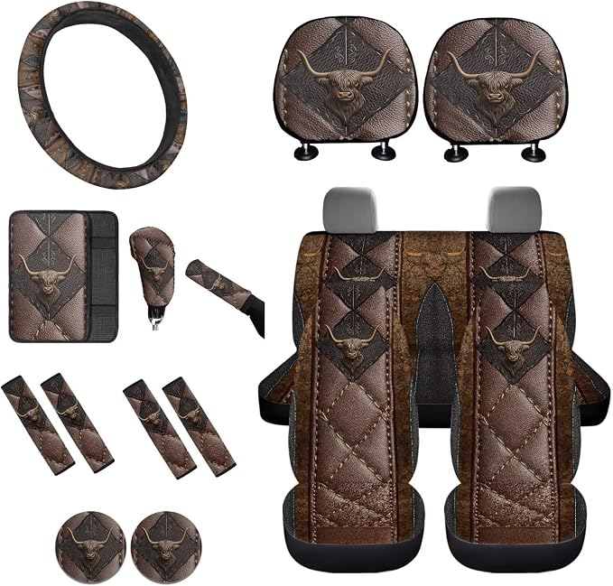 Lotusorchid 16 Pcs Car Seat Covers Protector, Highland Cattle Print Auto Seats Covers with Steering Wheel Cover Car Armrest Box Pad Vehicle Seat Belt Pad Headrest Cover for Cars, Easy to Install