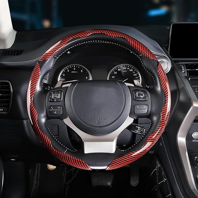 Carbon Fiber Steering Wheel Covers 3 Piece Clip on Steering Wheel Cover (Red)