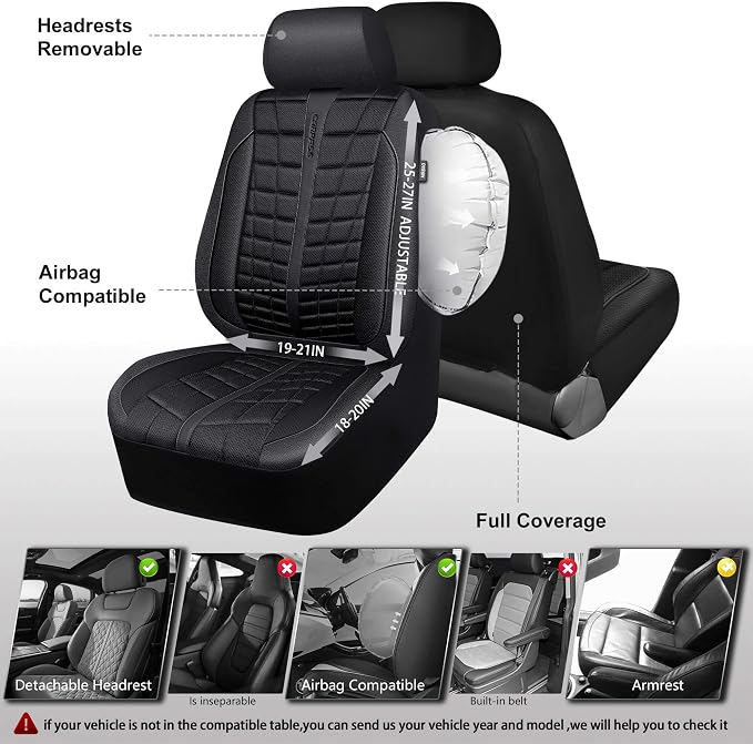 CAR PASS 3D Foam Mesh Leather Car Seat Covers Full Set, Breathable Premium Leather Seat Covers for Car, Anti Slip Universal Fit for Trucks Cars Sedans Vans SUVs, Airbag Compatible, All Black