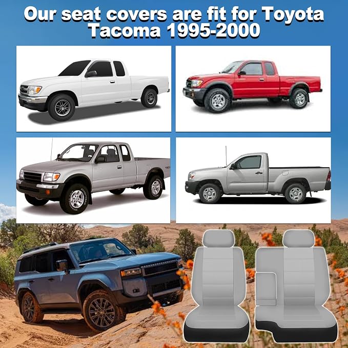 60/40 Split Bench Seat Covers for Toyota Tacoma 1995 1996 1997 1998 1999 2000 Heavy Duty Cloth Protector Interior Accessories with Console Covers，Waterproof & Machine Washable,Silver