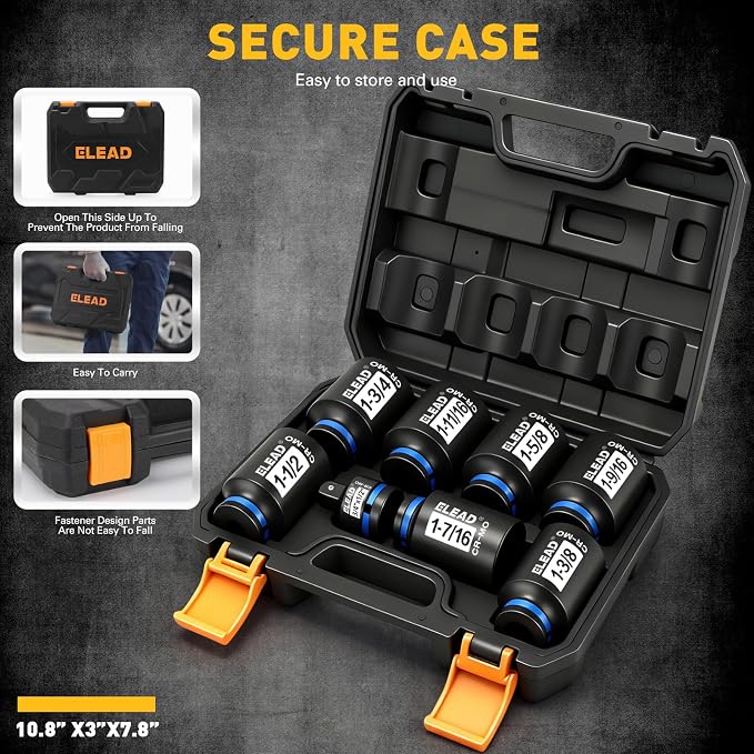 1/2'' Drive Deep Impact Socket Set, 8-Piece SAE Wheel Axle Nut Wrench Large Sockets Standard Adapter 1-11/16 1-9/16 1-3/8 1-7/16 1-1/2 1-5/8 1-3/4 Imperial Spindle Joint Torque Bearing Locknut Truck