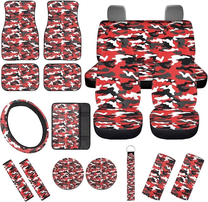 17Pcs Red Camo Print Car Seat Cover Set, Easy Install, Car Seat Cover with Mats Steering Wheel Cover Armrest Cover Car Seat Belt Covers Car Coaster Keychain Roof Gloves